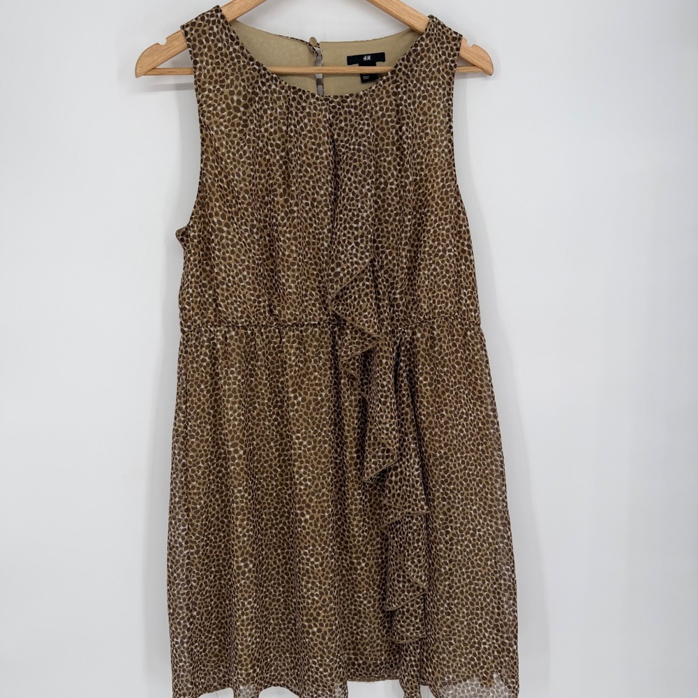 HM Mini Dress Brown Animal Print Ruffle Front Sleeveless Feminine Romantic 14